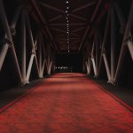 red and brown hallway with white lights